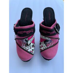 Ed Hardy Darnell Women's Skull Pink Love Kills Slow Wood Clogs Buckle Sz 7 RARE
